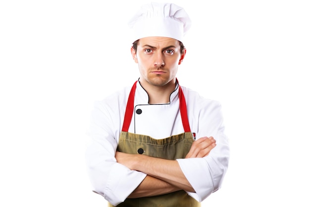 Foto cuoco professionista uomo arrabbiato in uniforme di servizio sfondo bianco isolato