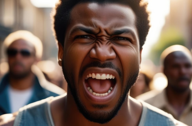 Photo angry male protester screaming on street black activist protesting against rights violation