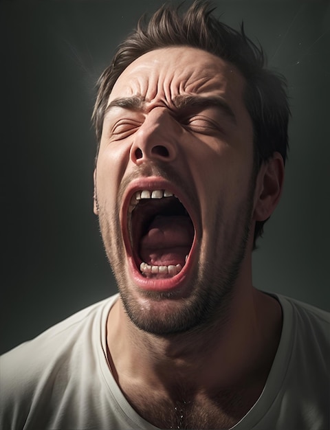 Angry man in agony screaming closeup Mental health problems