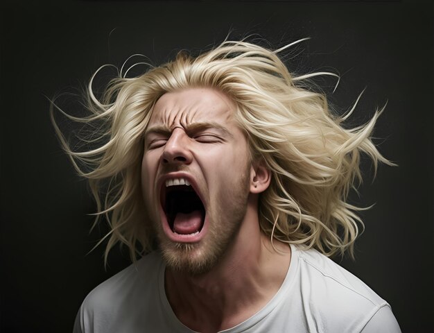 Angry man in agony screaming closeup Mental health problems