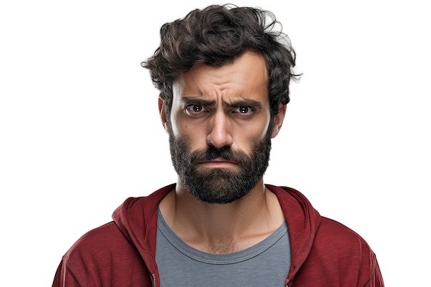 angry man in hoodie with beard trying to hold back his anger