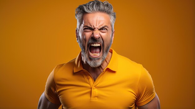 An angry man screams against an orange background