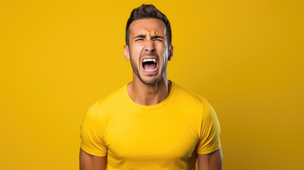 An angry man screams against a yellow background