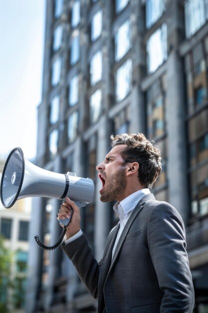 angry man on the street with a loudspeaker Generative AI