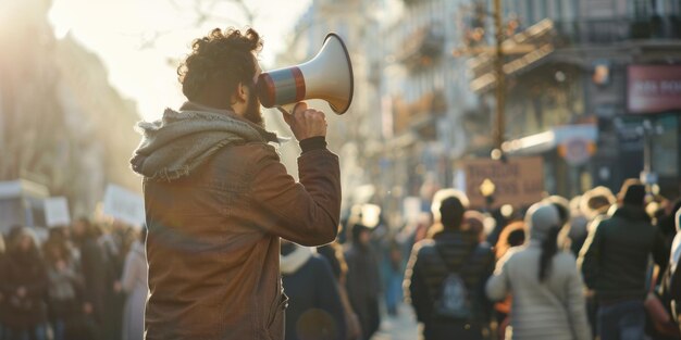 angry man on the street with a loudspeaker Generative AI