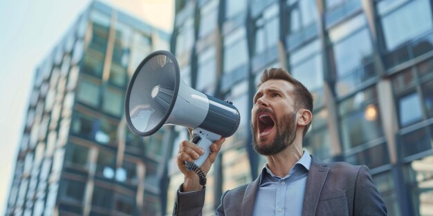 angry man on the street with a loudspeaker Generative AI