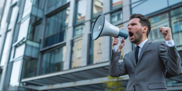 angry man on the street with a loudspeaker Generative AI