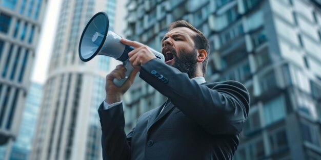 angry man on the street with a loudspeaker Generative AI