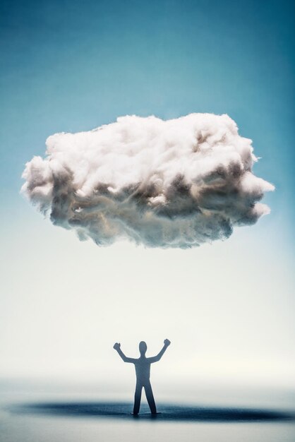 Photo angry man with clenched fists standing under a big cloud misfortune concept