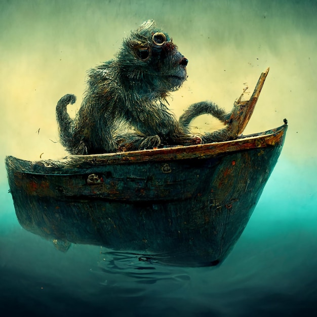 Angry monkey in a sinking boat realistic epic