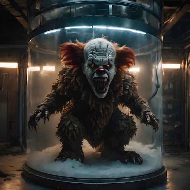 Разгневанный клоун-монстр с толстым мехом и острыми когтями, запертый в холодной космической камере за стеклом