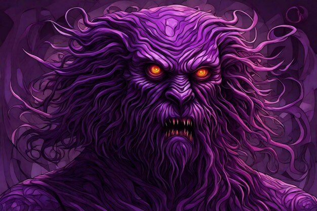 Angry monster with purple eyes Fantasy illustration Digital painting