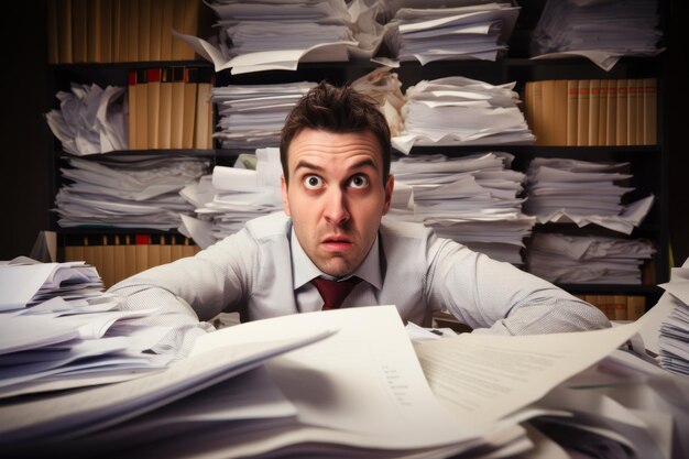 Angry office worker surrounded by piles of documents