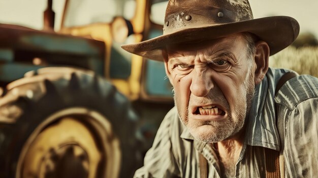 An angry old man in a hat and a tractor