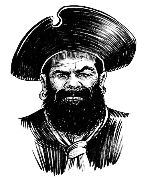 Angry pirate captain character Ink black and white drawing