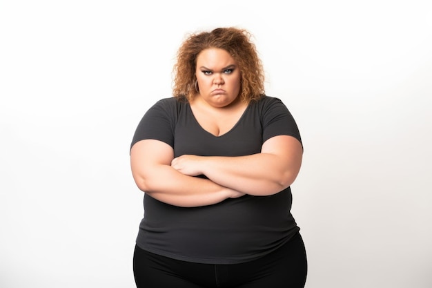 An angry plus size woman standing with her arms crossed over a white background