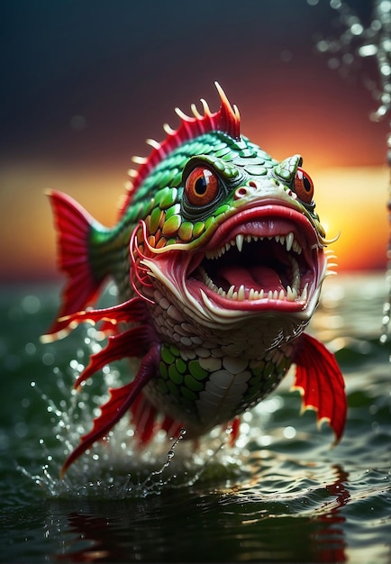Foto un pesce predatore arrabbiato che spruzza sull'acqua
