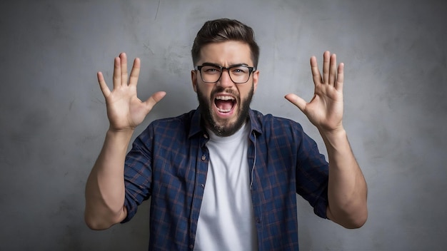 Angry rage young man with beard shouting screaming gesturing