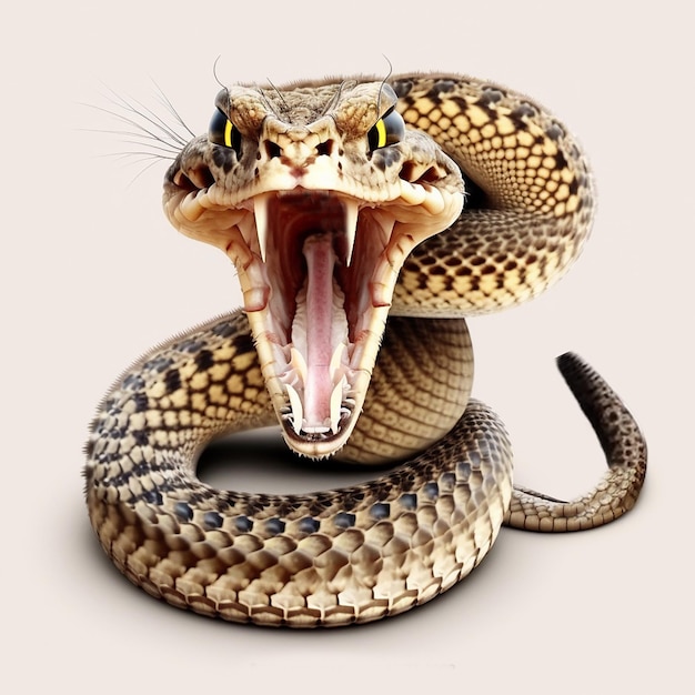 Angry rattlesnake venomous poisonous snake before attack closeup isolated on white