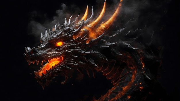 Angry realistic Chinese dragon head with orange glow and smoke isolated on black background