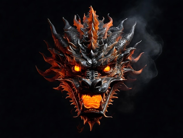 Злая реалистичная голова китайского дракона с оранжевым свечением и дымом на черном фоне