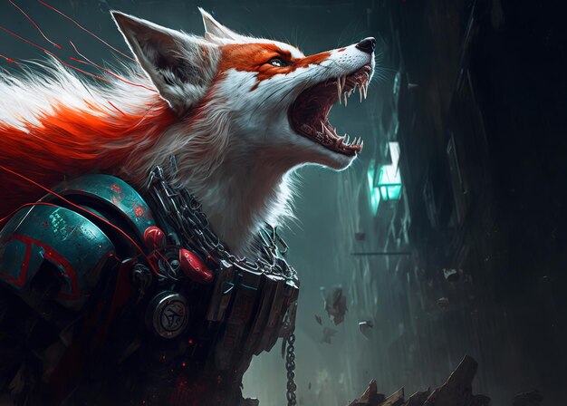 Angry red fox in futuristic suit