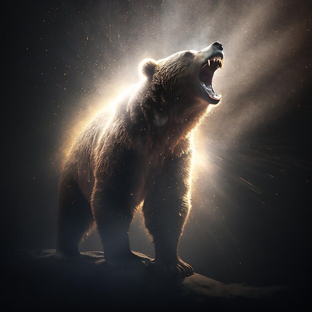 A angry roaring Grizzly Bear in the dark background