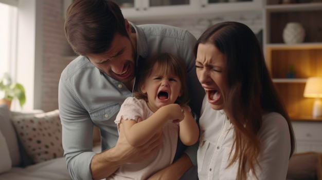 Angry screaming child with desperate parents