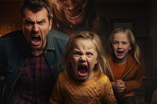 Angry screaming child with desperate parents