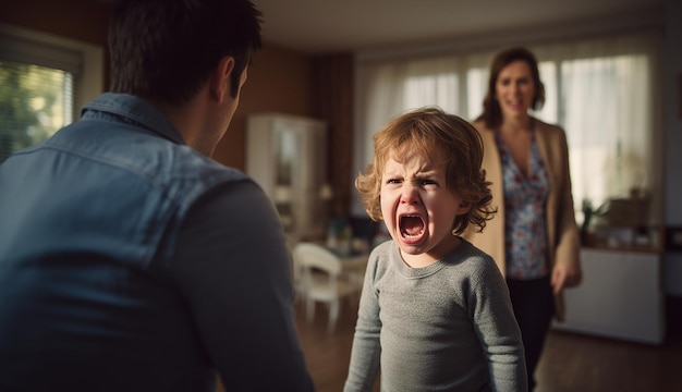 Photo angry screaming child with desperate parentsstressed exhausted mother and father feeling desperate