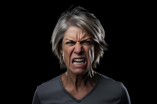 Photo angry senior caucasian woman yelling head and shoulders portrait on black background