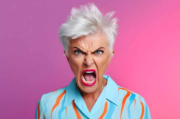 Angry senior Caucasian woman yelling head and shoulders portrait on pink background