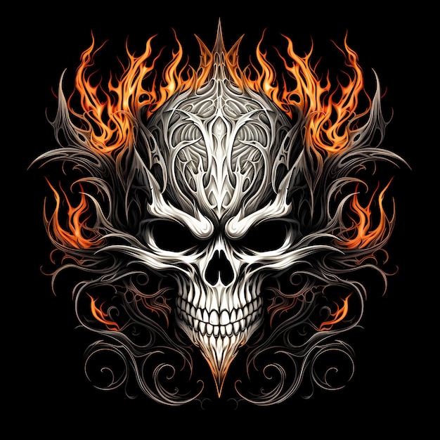 Angry skull and fire tattoo design illustration