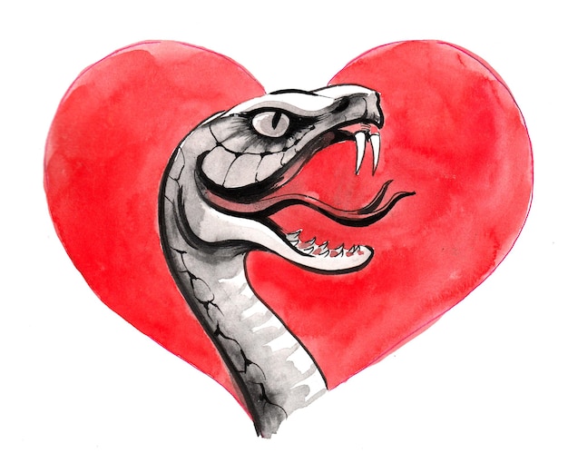 Photo angry snake and red heart shape. ink and watercolor drawing