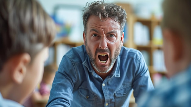 Photo angry teacher screaming loudly at students in class