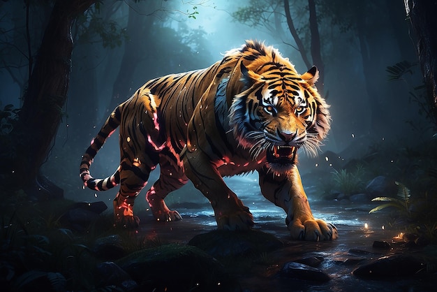 Angry Tiger Roaming the Dark Forest