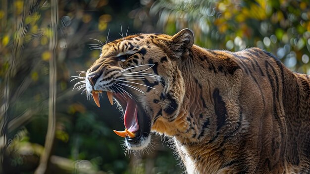 写真 怒った虎が森で歯を現す