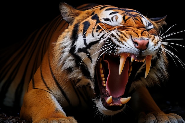 an angry tiger with its mouth open in the dark