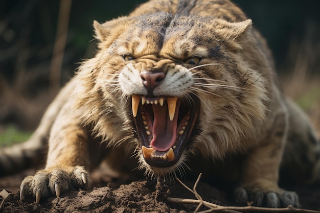 an angry tiger with its mouth open in the dirt