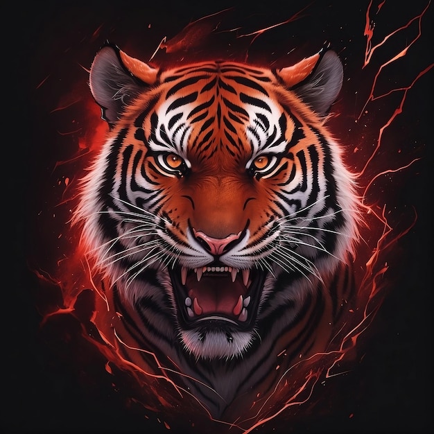 a angry tiger with a red and black background