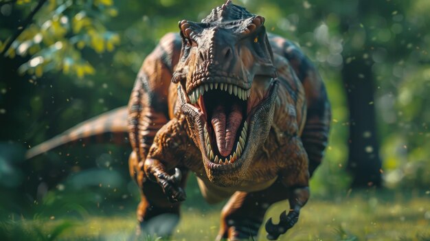 Photo angry tyrannosaurus rex in the jungle