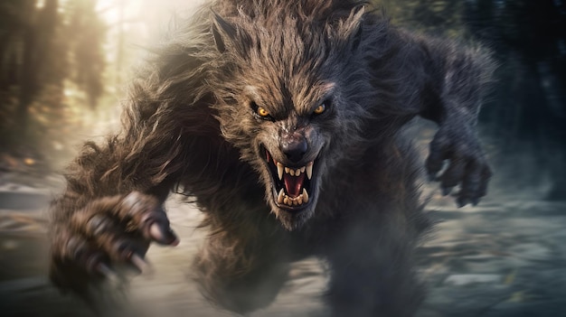 Photo angry werewolf in photorealistic rendering with explosive pigmen