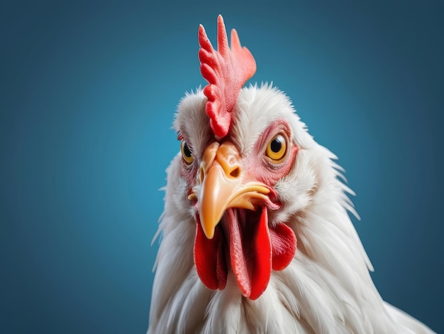 Angry white hen on blue background