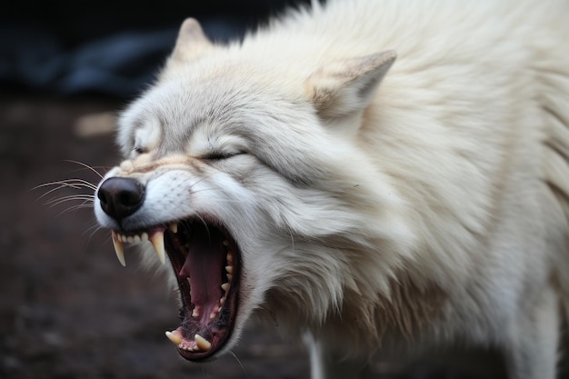an angry white wolf with its mouth open
