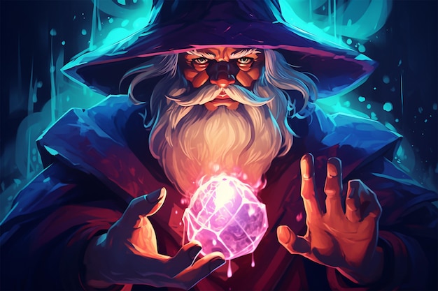 Photo the angry wizard of evil spirits holds a magic gem cast a spell digital art style