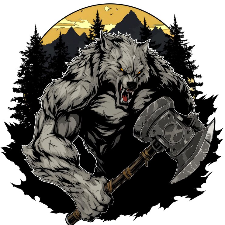 Photo angry wolf holding an axe in a forest setting