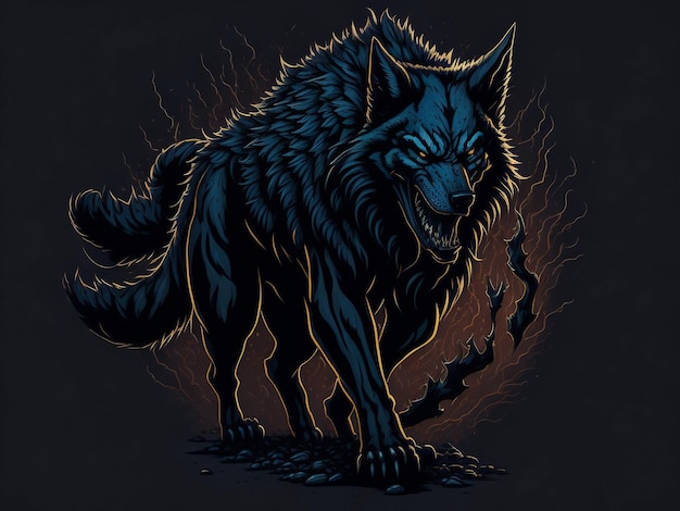 Angry Wolf howling in fire with flames and flames Roaring wolf Wolf with fire on a black Wolf hea