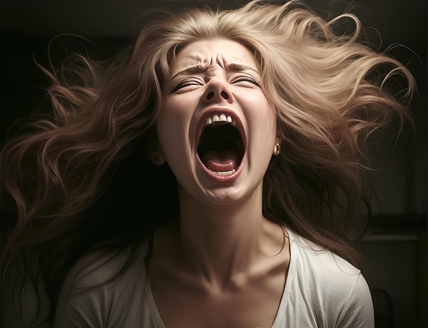 Angry woman in agony screaming closeup Mental health problems