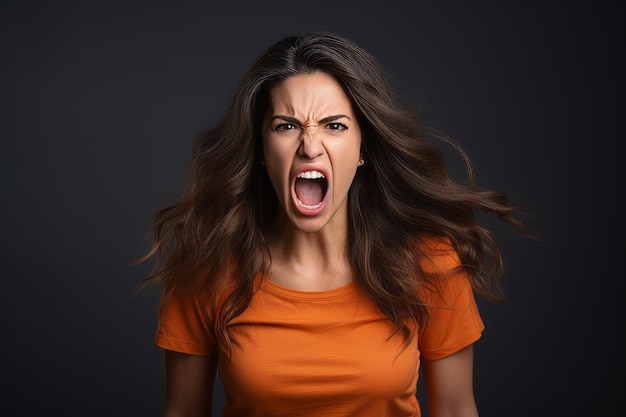 angry woman screaming on black background