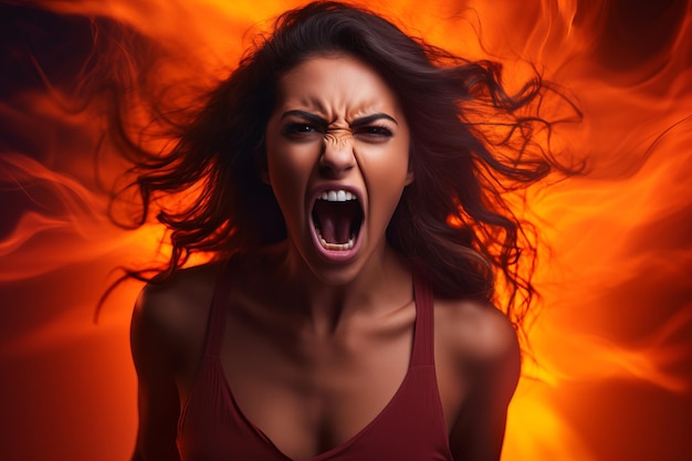 an angry woman screaming in front of flames